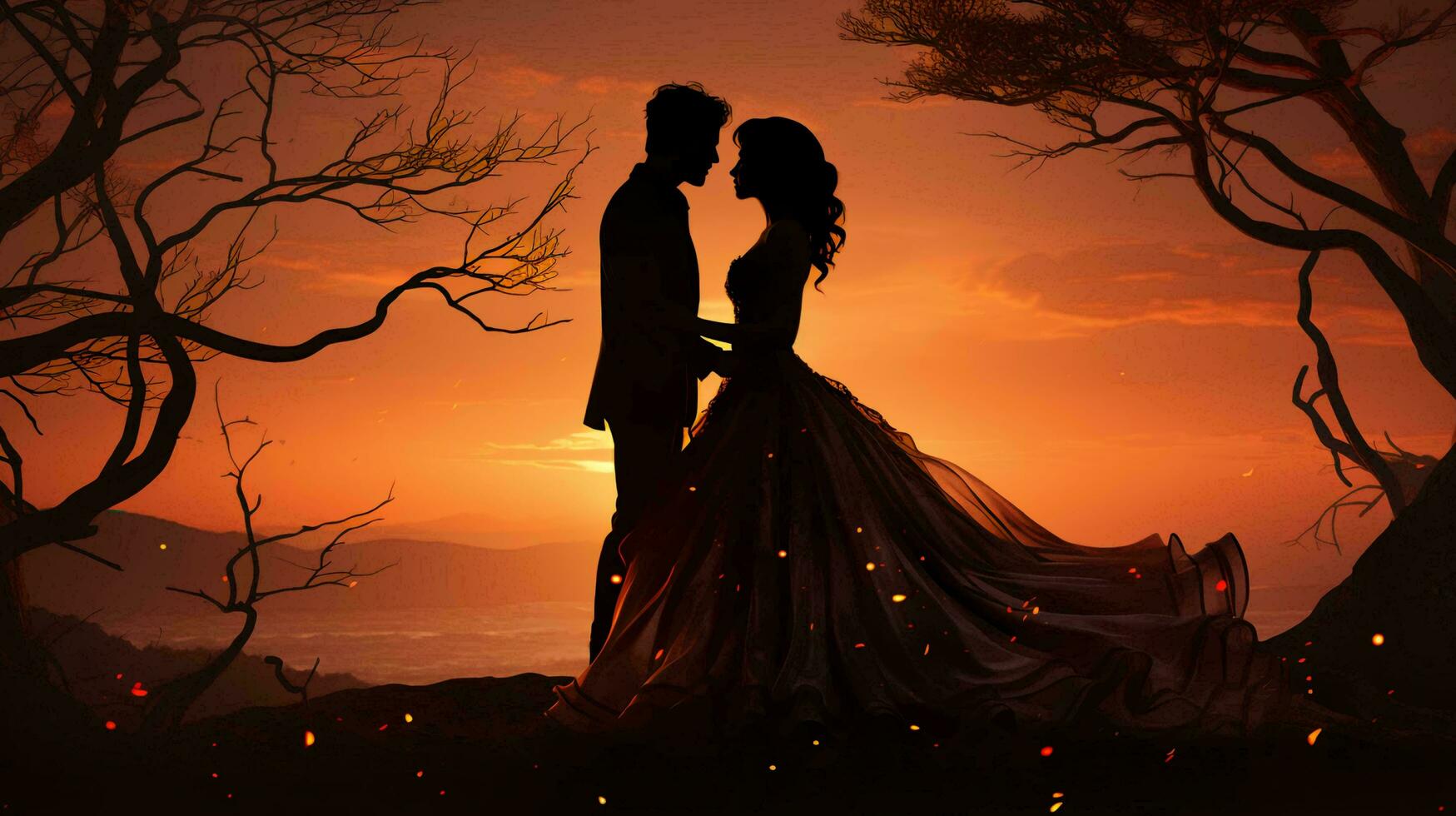 silhouette de une couple de jeunes mariés dans l'amour à le coucher du soleil contre le Contexte de une rivière, le concept de mariage et l'amour photo