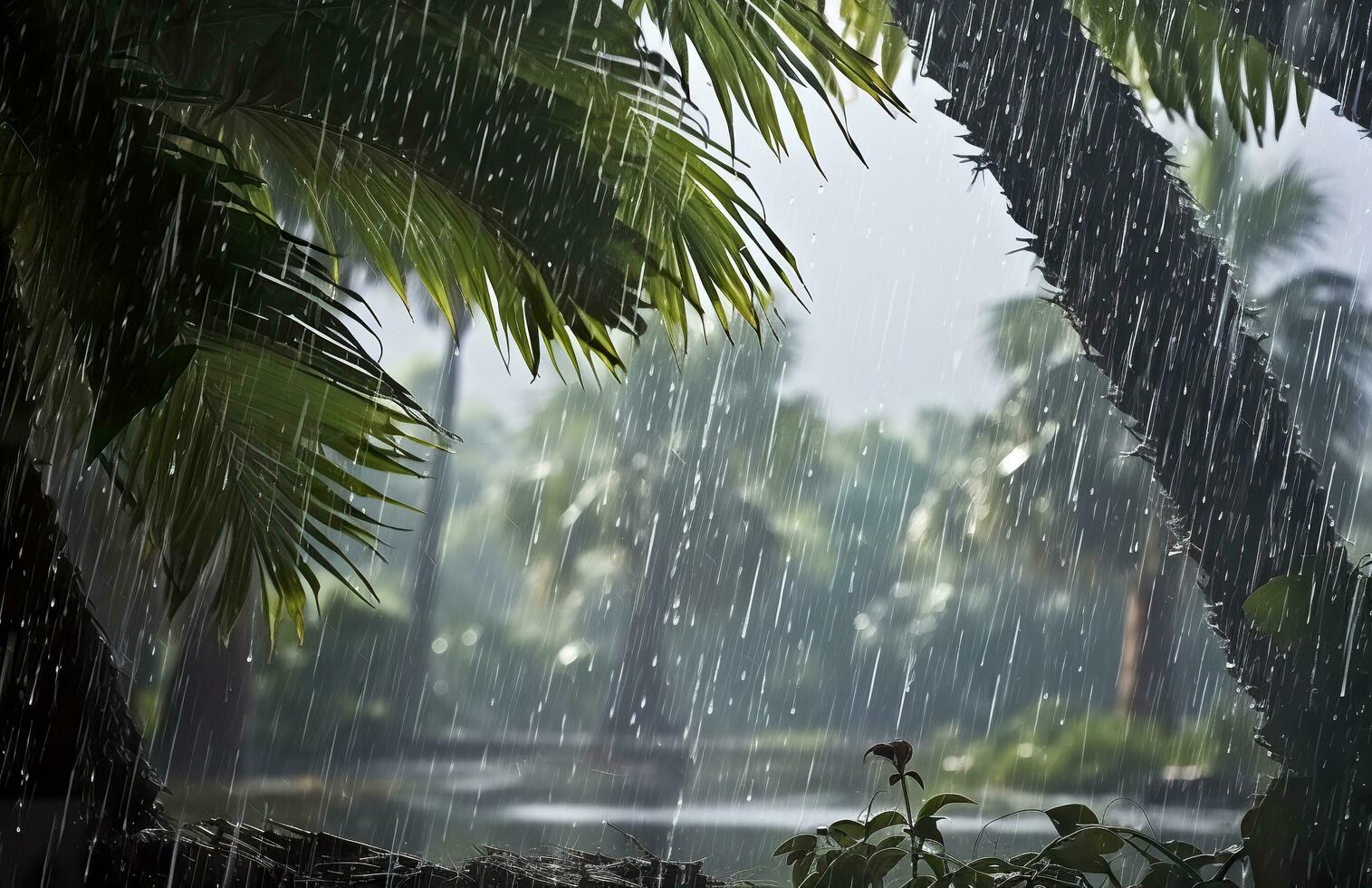 pluie dans le tropiques pendant le faible saison ou mousson saison. gouttes de pluie dans une jardin. génératif ai photo