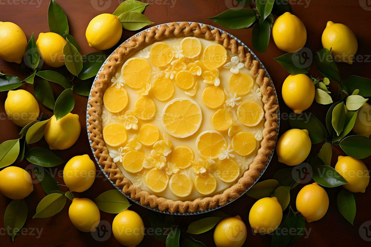 citron tarte sur une foncé en bois table avec pommes, Haut voir. fait maison Gâteaux avec des fruits. ai génératif photo