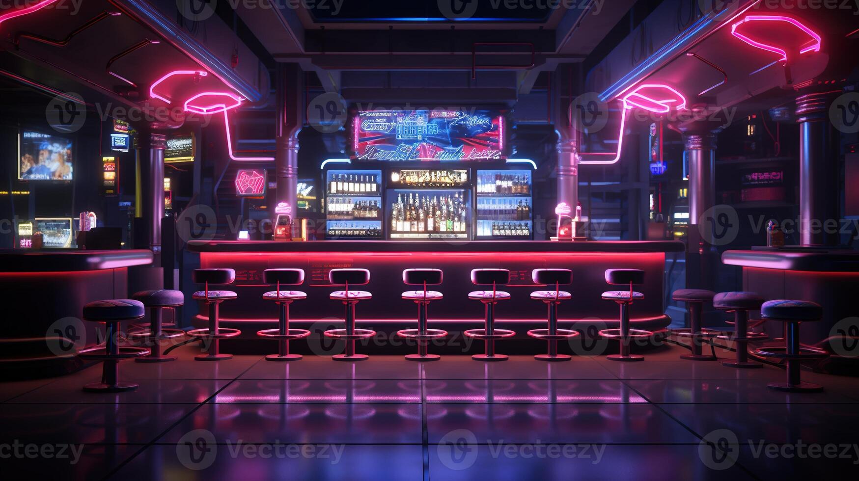 génératif ai, cyberpunk style bar ou café. nuit scène de gros ville, futuriste nostalgique années 80, années 90. néon lumières vibrant couleurs, photoréaliste horizontal illustration. photo