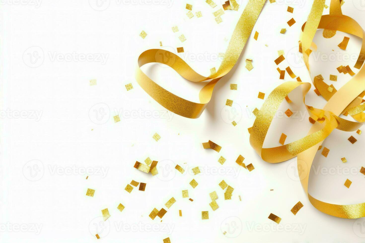 confettis d'or briller rubans chute sur blanc arrière-plan, génératif ai photo