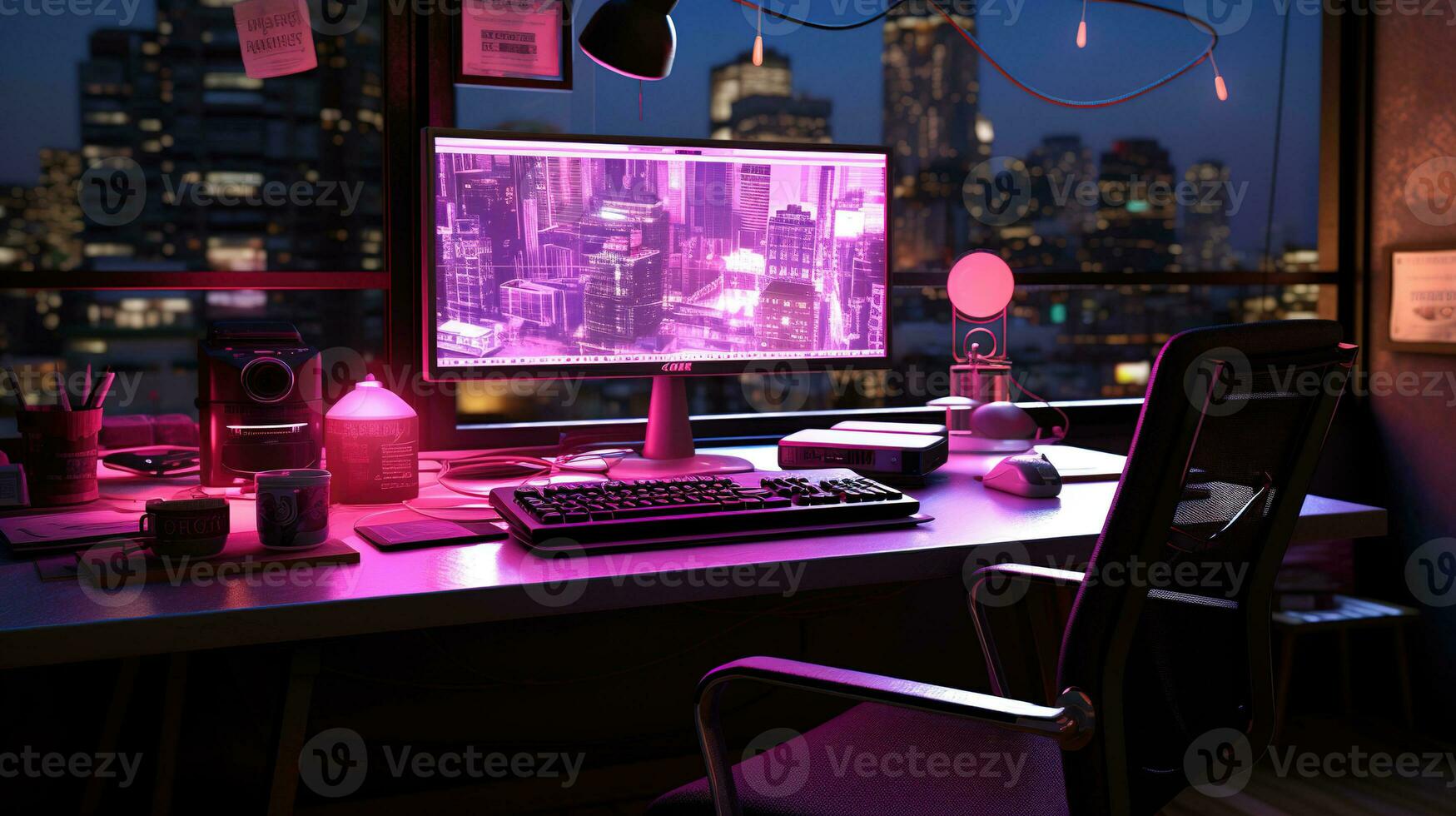 génératif ai, ordinateur sur le table dans cyberpunk style, nostalgique années 80, années 90. néon nuit lumières vibrant couleurs, photoréaliste horizontal illustration de le futuriste intérieur. La technologie concept. photo