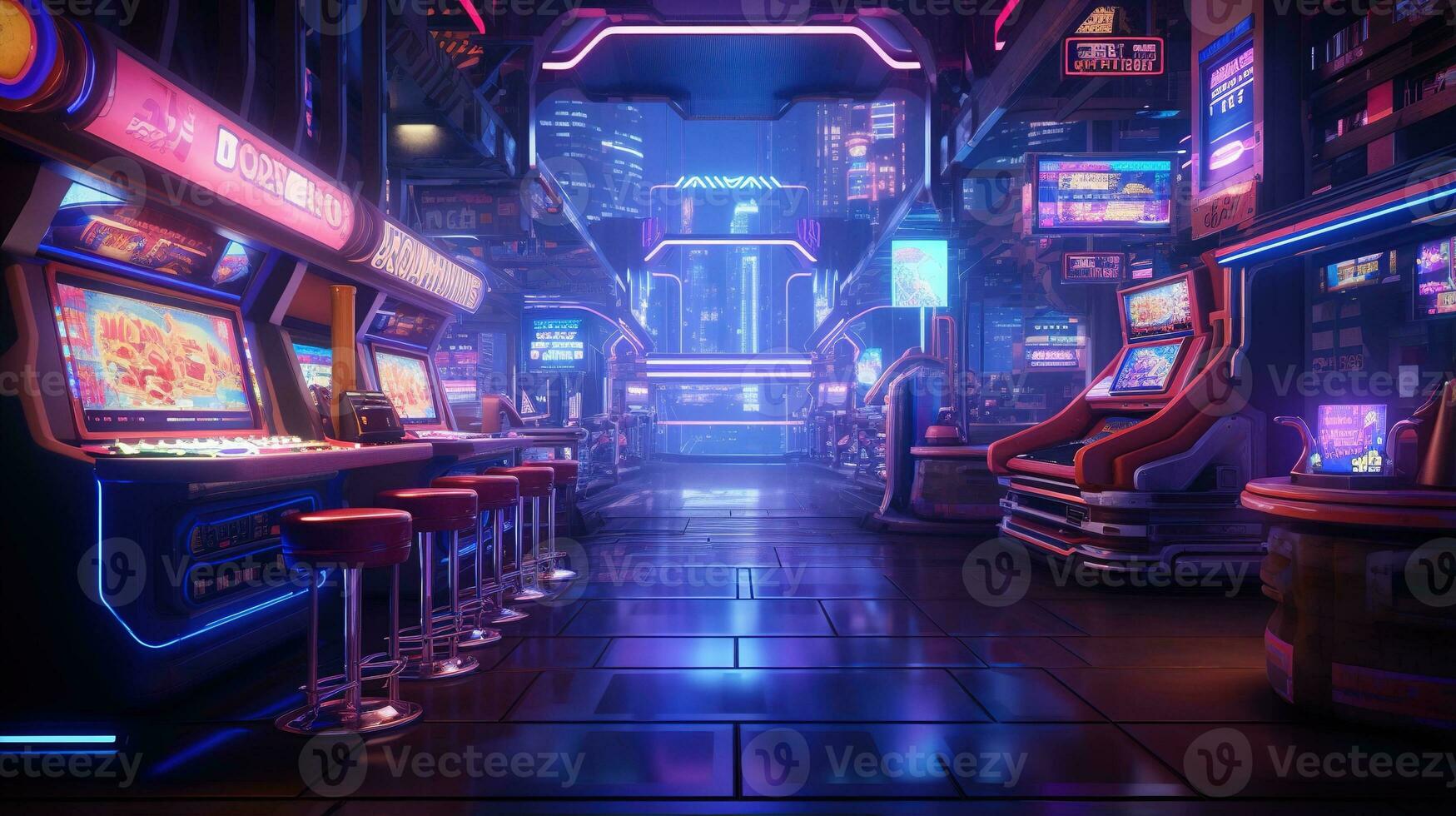 génératif ai, cyberpunk style Jeu bar ou café. nuit scène de gros ville, futuriste nostalgique années 80, années 90. néon lumières vibrant couleurs, photoréaliste horizontal photo