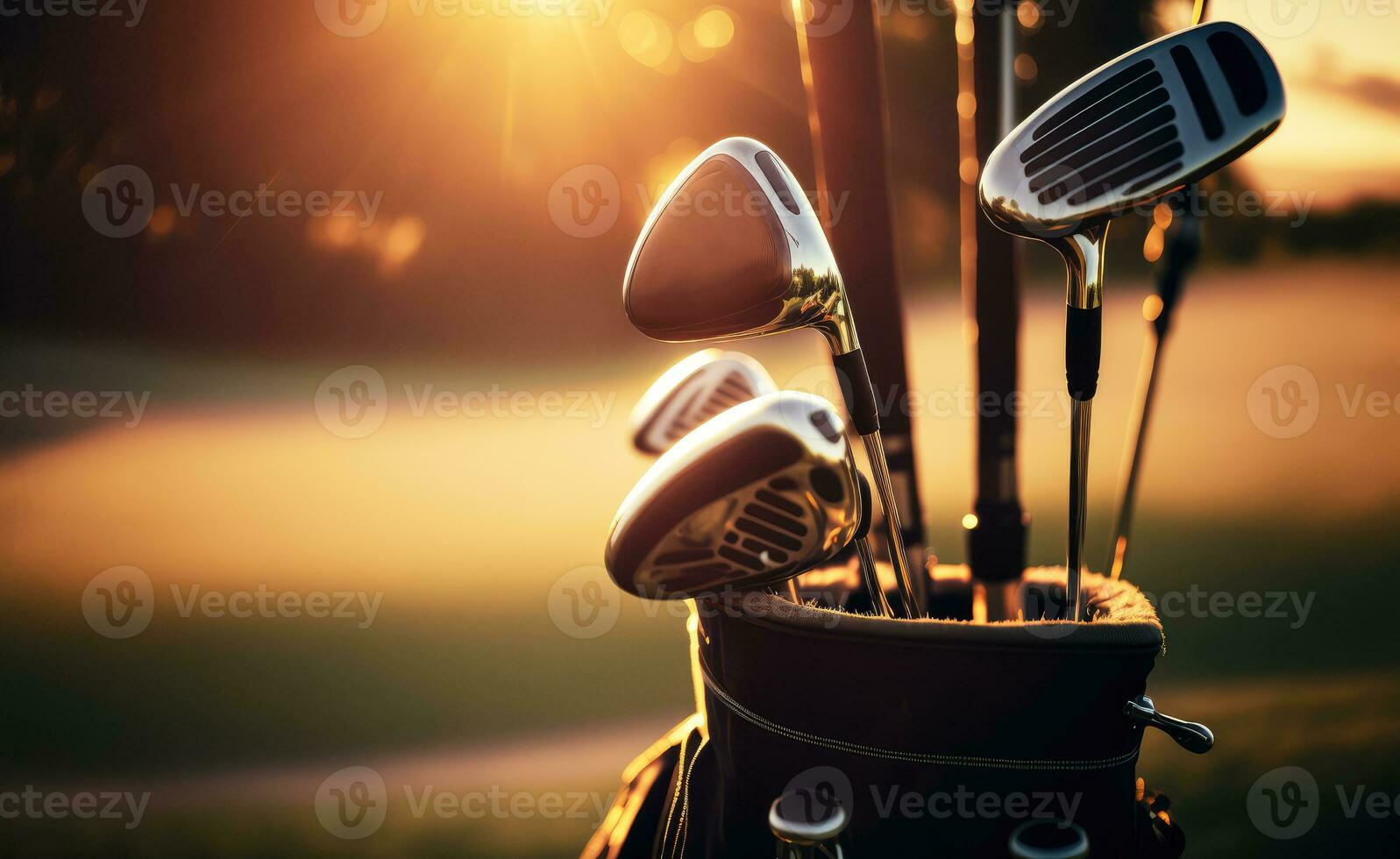 le golf clubs sur le golf cours à le coucher du soleil. génératif ai photo