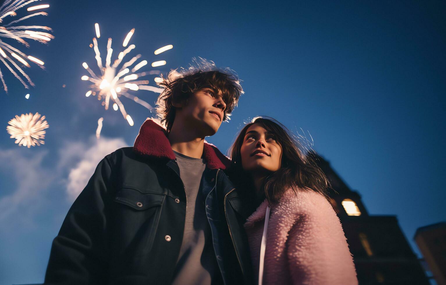 Jeune couple permanent dans le parc et en train de regarder le feux d'artifice ensemble, fête événement, ai généré photo