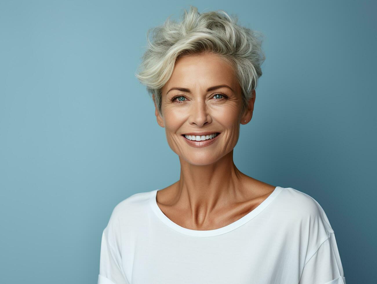 content et souriant attrayant beauté caucasien Sénior femme, isolé sur plaine Contexte studio portrait, ai généré photo