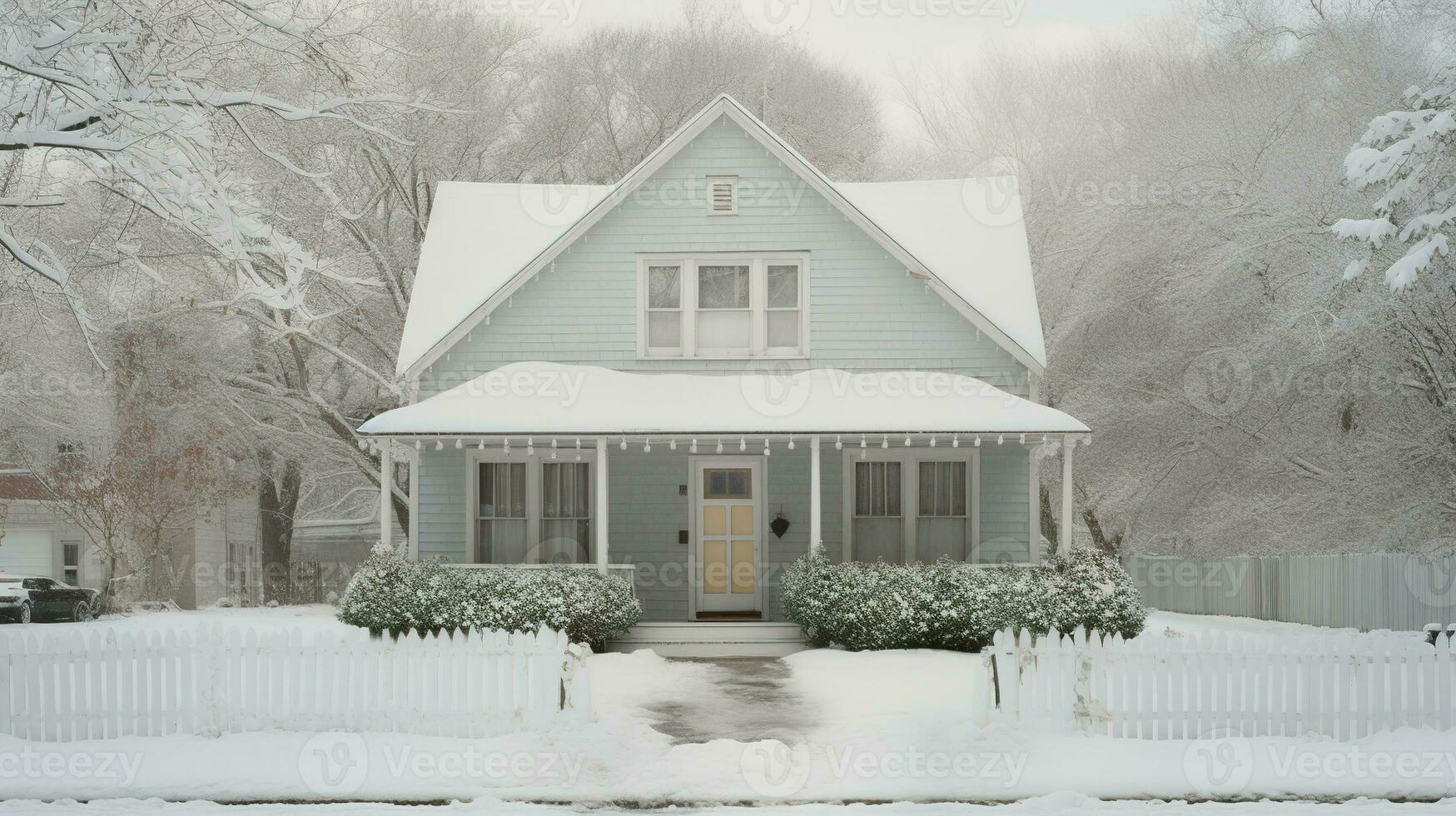 génératif ai, maison de face dans le hiver avec Noël décoration, couronne et guirlande. neige confortable saison photo