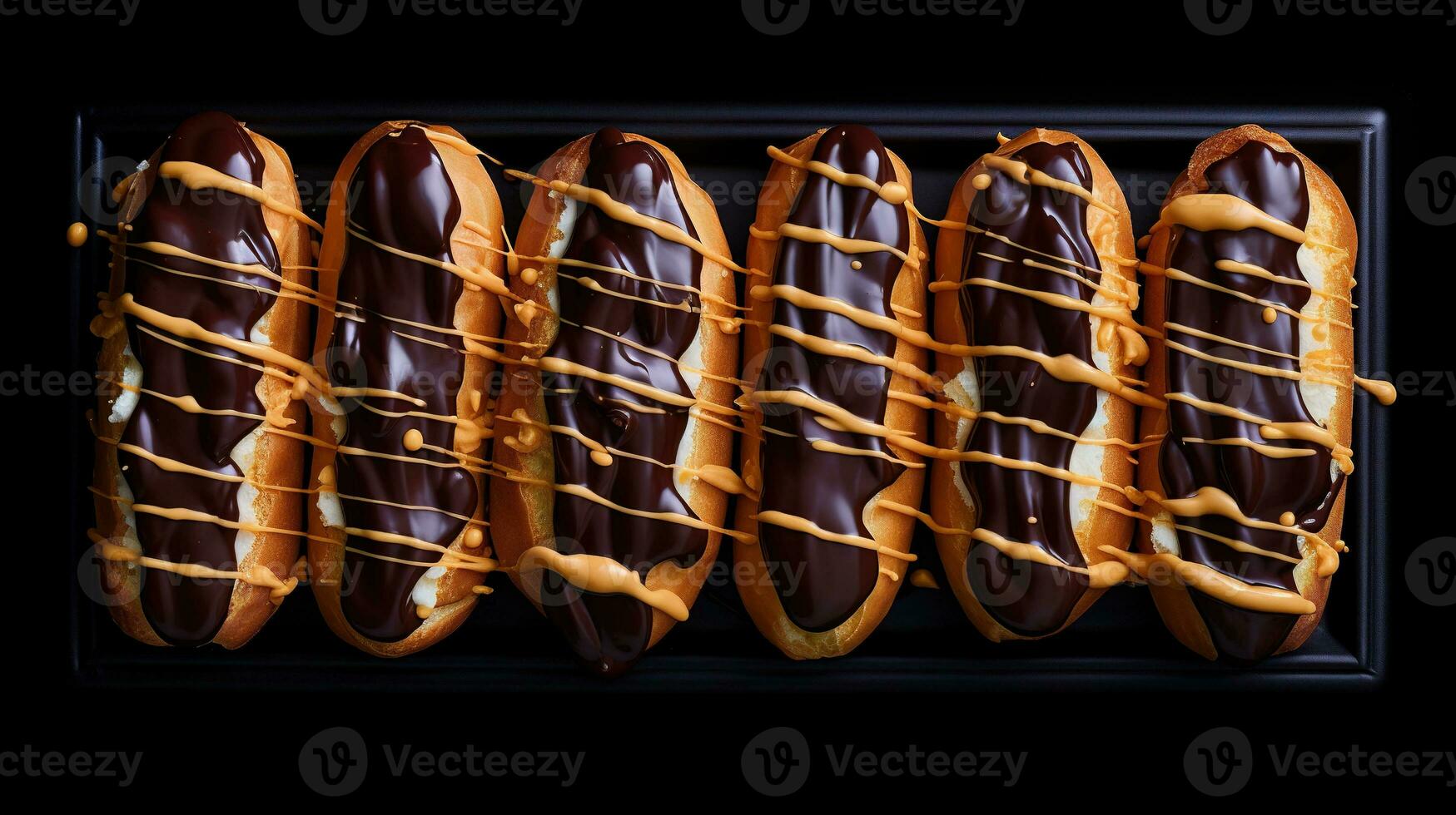 génératif ai, assortiment de éclairs, Haut voir, sucré aliments. traditionnel français dessert photo