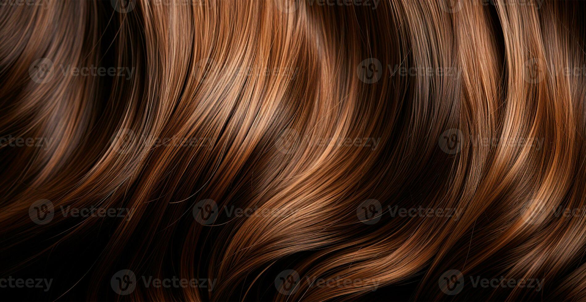 brunette cheveux fermer comme Contexte. aux femmes longue Naturel foncé cheveux. fille avec ondulé brillant boucles - ai généré image photo
