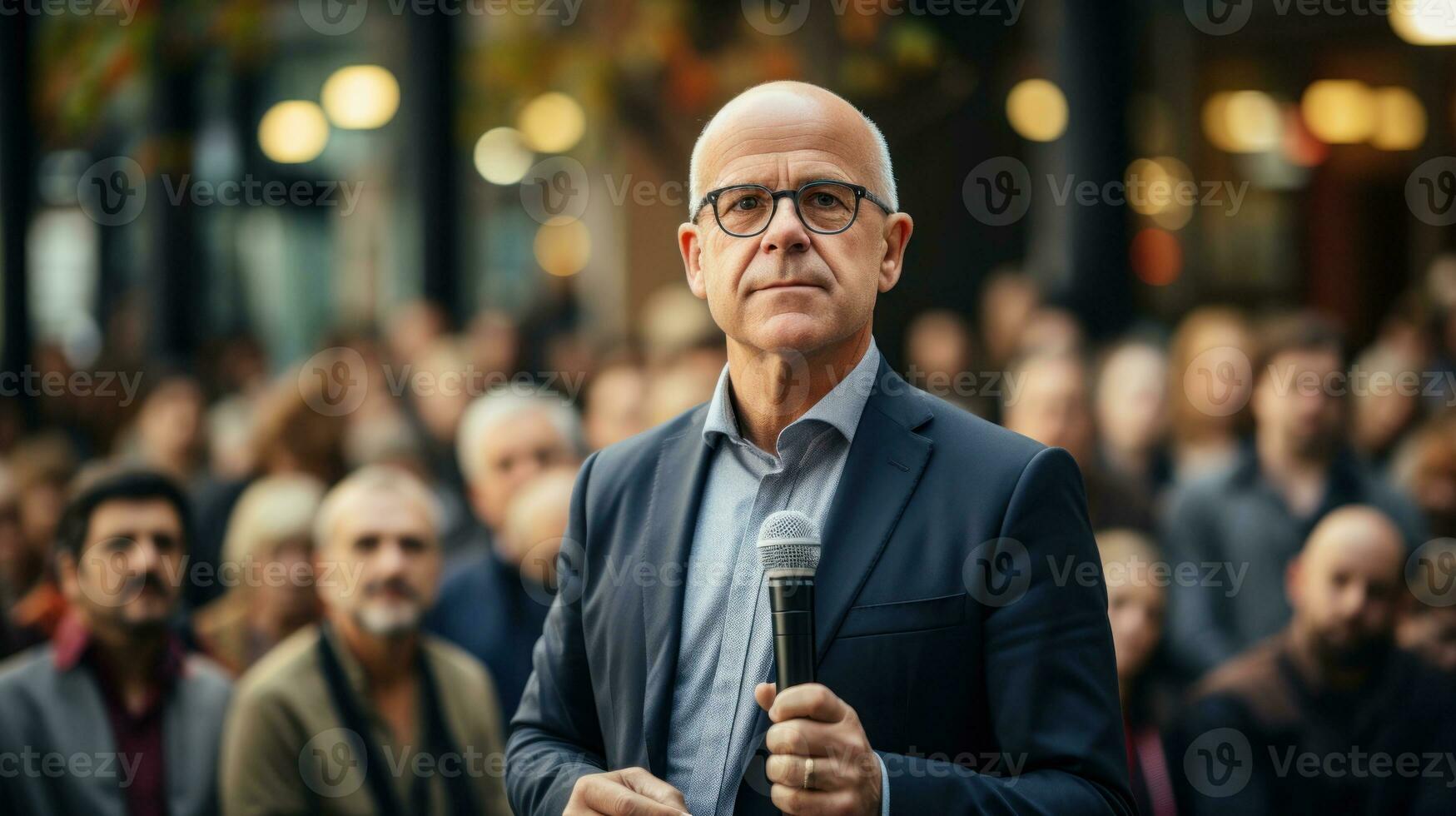 mature homme d'affaire avec microphone dans de face de une grand groupe de gens à conférence. photo