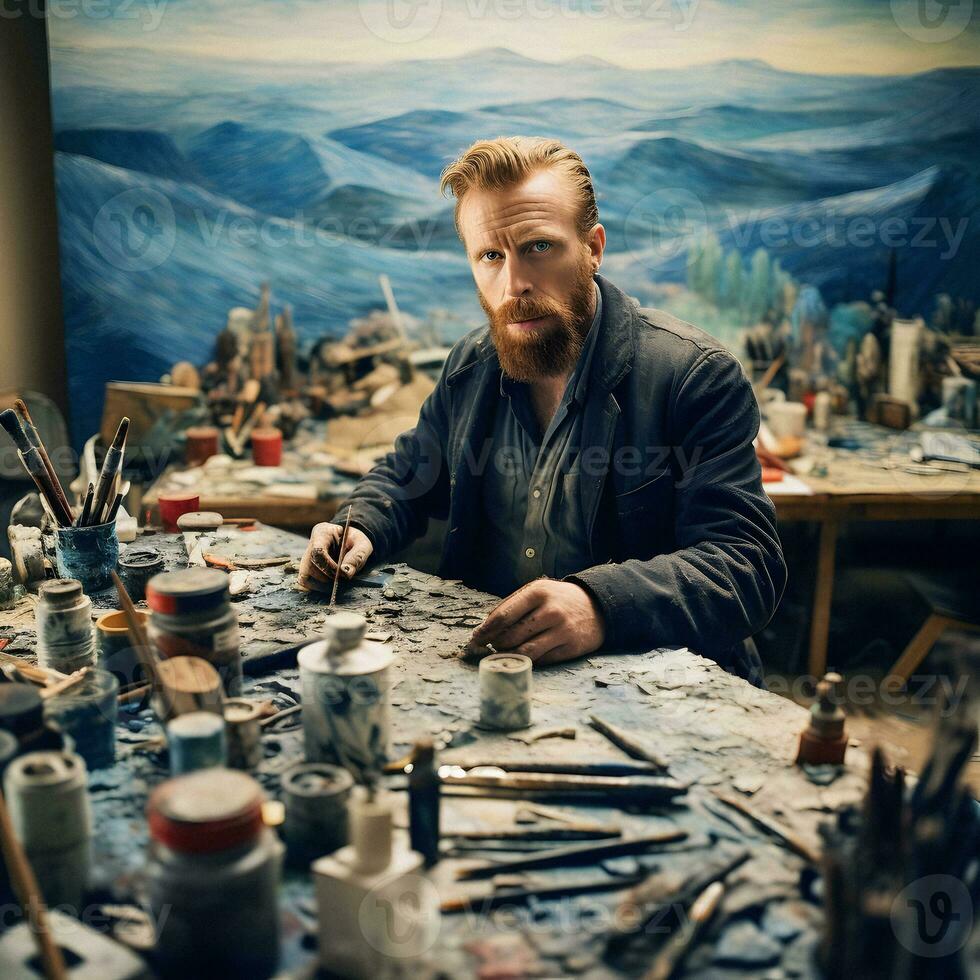 moderne portrait de Vincent van gogh dans le sien artiste studio génératif ai photo