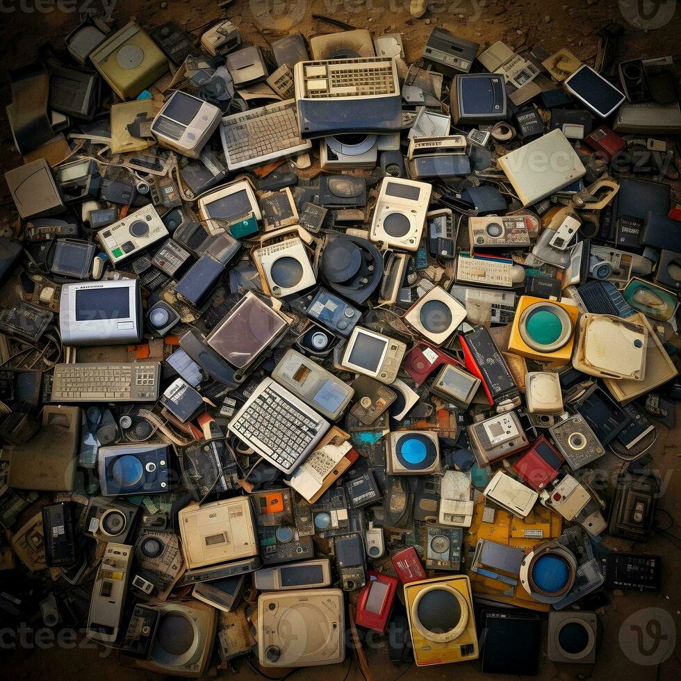 e déchets recyclage une pile de ancien électronique prêt pour renouvellement génératif ai photo