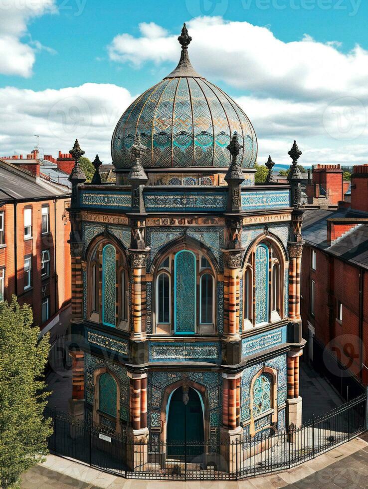 extérieur vue de un Anglais synagogue dans le style de princes route synagogue dans Liverpool génératif ai photo