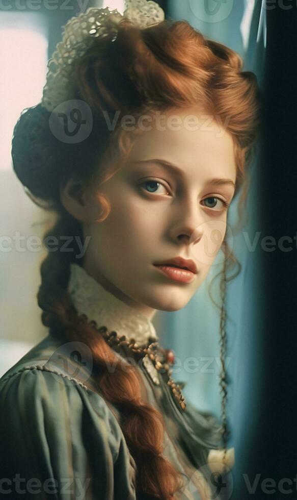 enchanteur portrait de une magnifique rouge aux cheveux femme avec captivant lumière yeux génératif ai photo