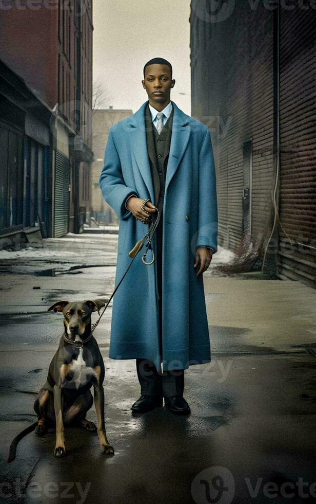 élégant noir homme avec américain style manteau et grand chien génératif ai photo