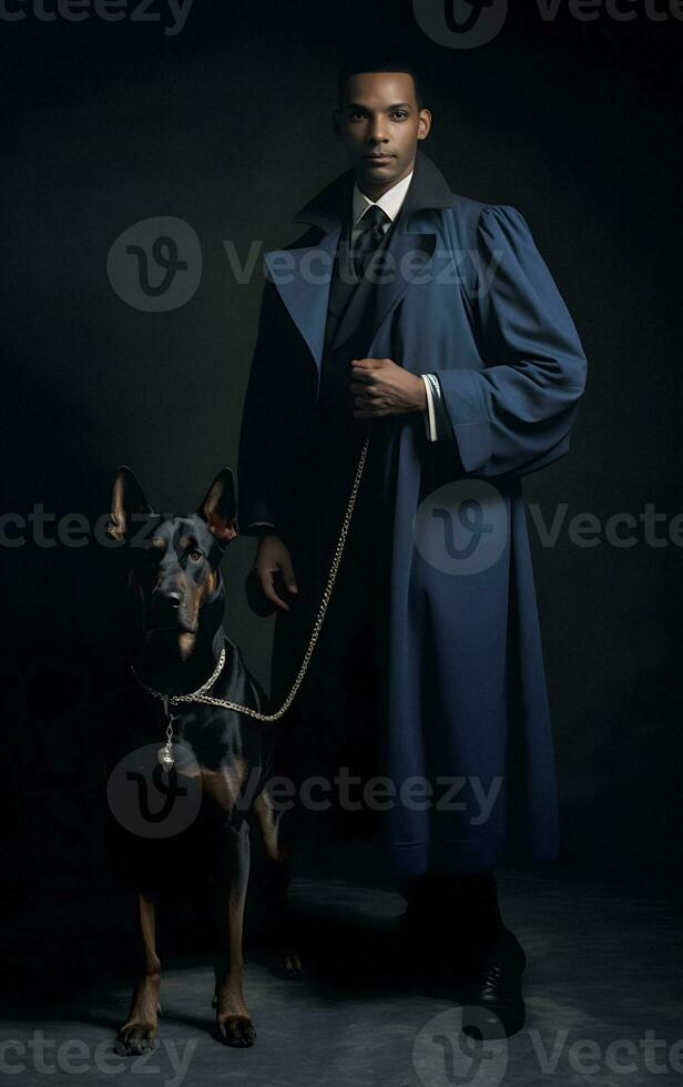 élégant noir homme avec américain style manteau et grand chien génératif ai photo