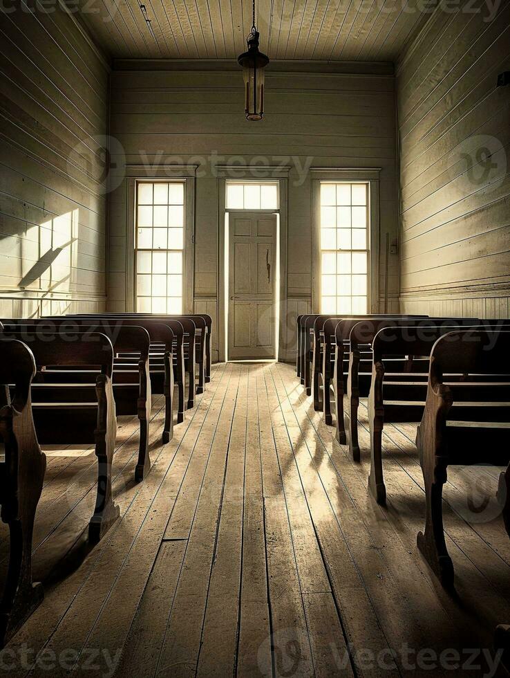 intérieur de un américain amish église génératif ai photo