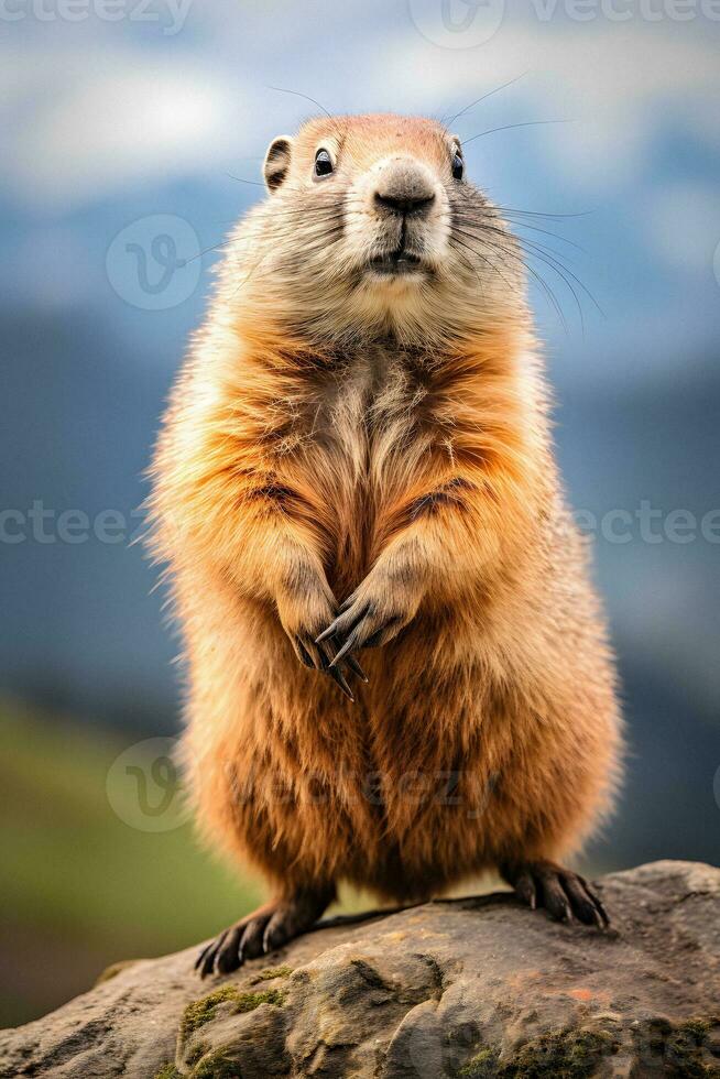 majestueux marmotte une Montagne portrait génératif ai photo