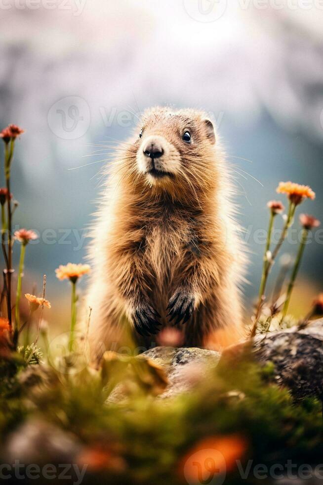 majestueux marmotte une Montagne portrait génératif ai photo