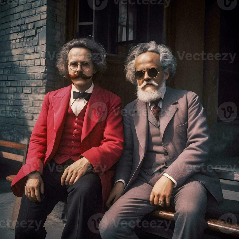 révolutionnaire visionnaires colorisé portrait de Karl marx et trotsky dans Années 30 génératif ai photo