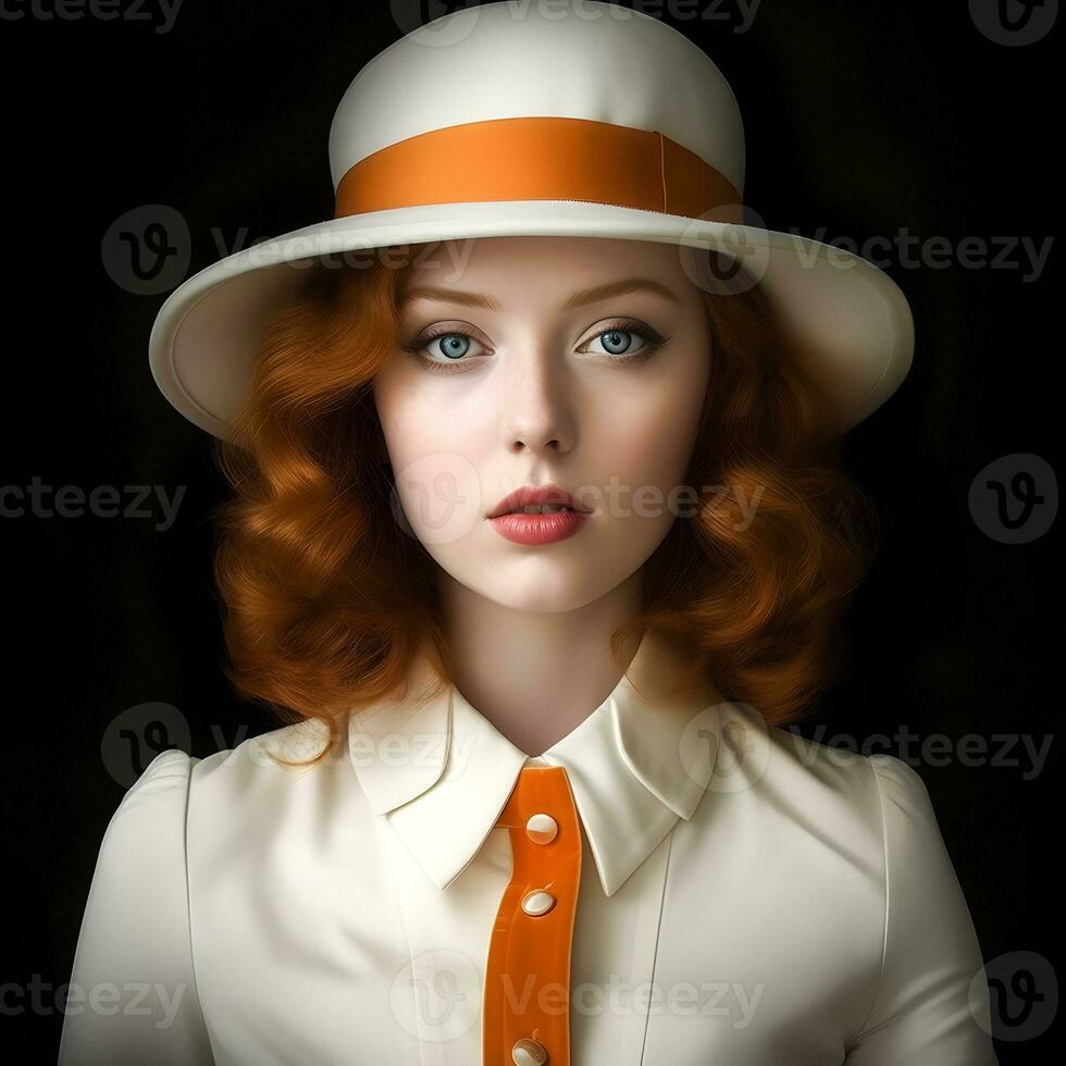 énigmatique beauté portrait de une Jeune femme avec rouge cheveux et bleu yeux photo