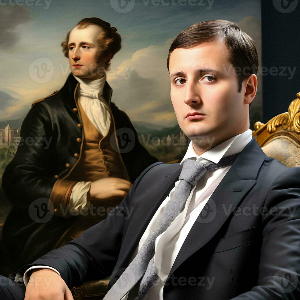 une frappant portrait de napoléon bonaparte transformé dans une moderne entreprise exécutif, établi en utilisant génératif ai. photo