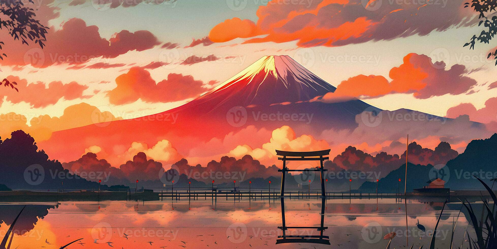 majestueux monter Fuji à coucher de soleil, numérique art La peinture établi en utilisant génératif ai. photo