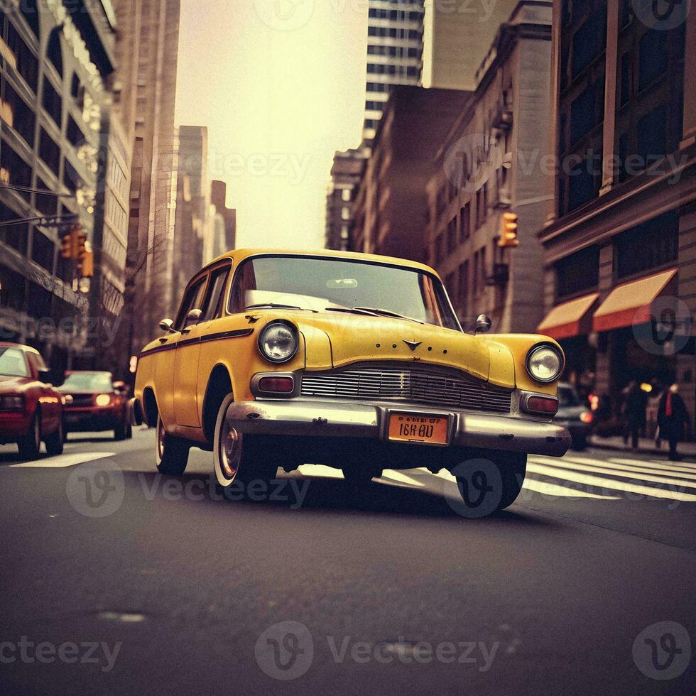 rétro Années 70 nyc Jaune taxi conduire. génératif ai. photo