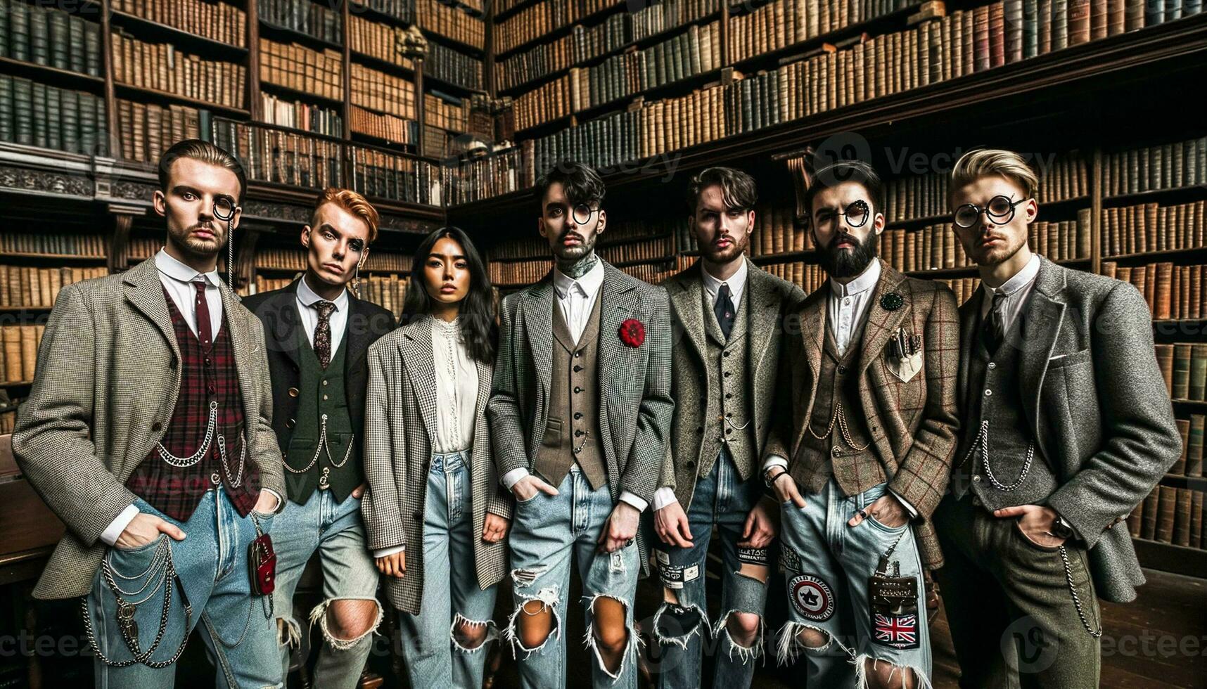 punk savants dans ancien bibliothèque. génératif ai. photo