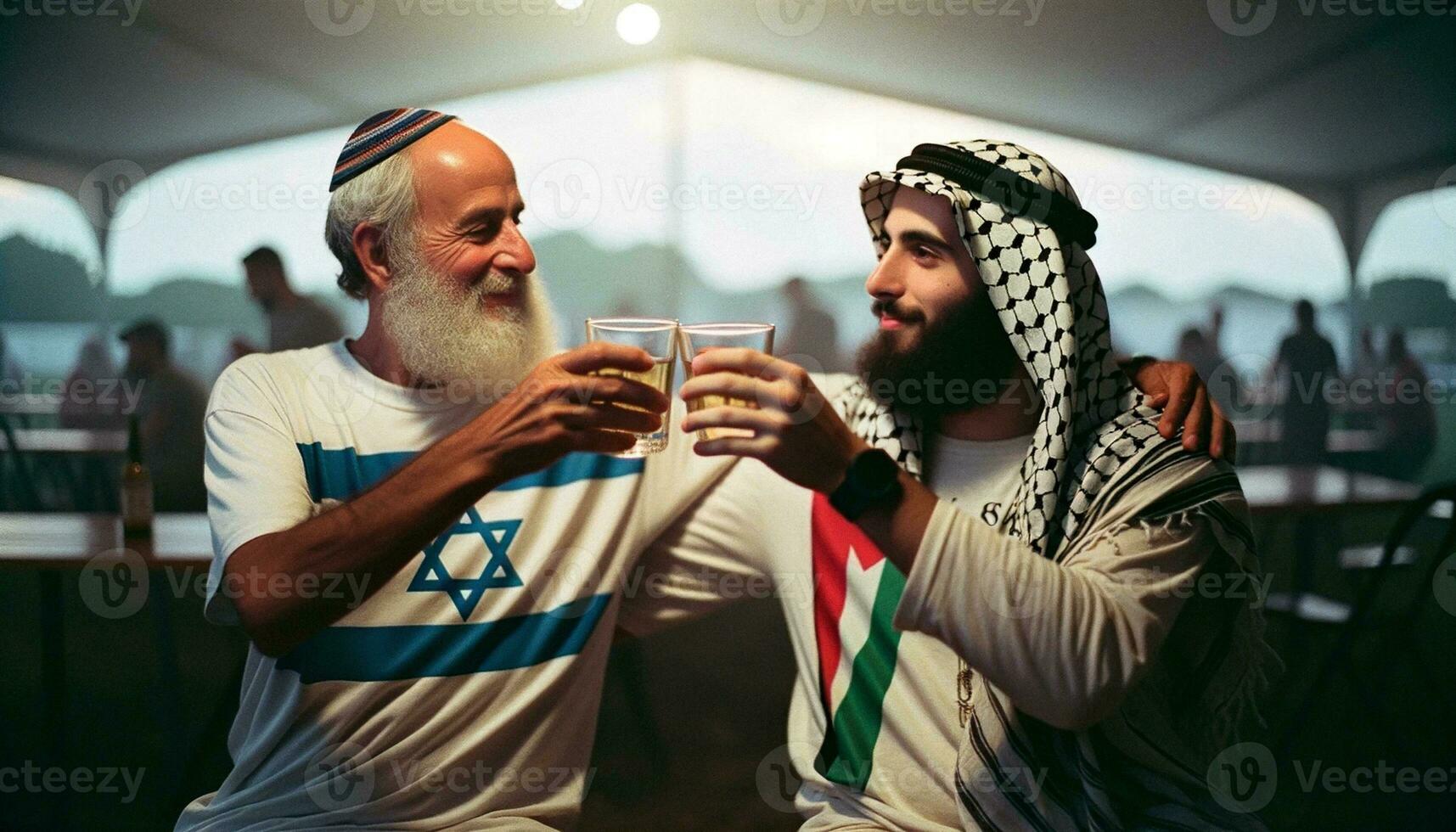 juif et palestinien Hommes pain grillé à paix et unité. génératif ai. photo