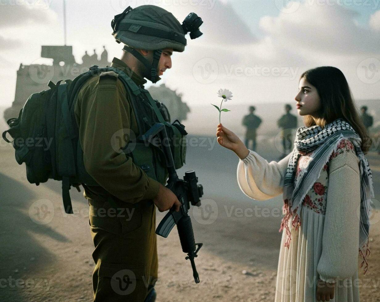 palestinien femme offre paix fleur à israélien soldat. génératif ai. photo