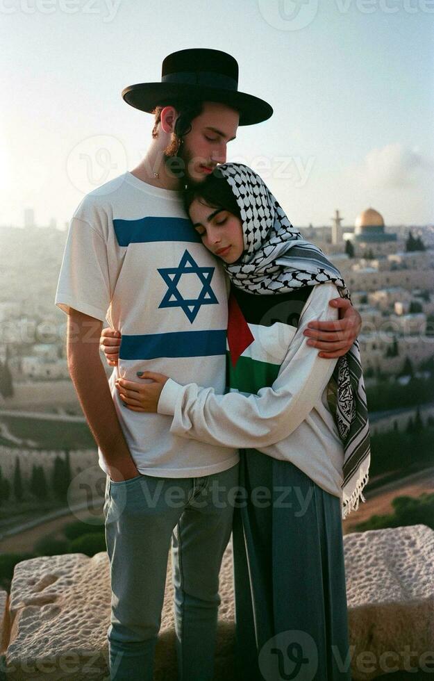 Jeune couple dans l'amour symbole de paix et réconciliation dans Jérusalem. génératif ai. photo