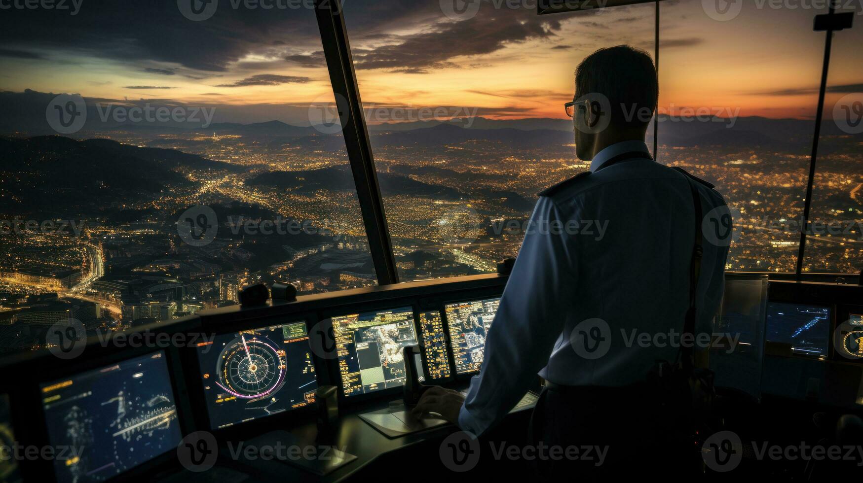 air circulation manette ouvrier. Bureau pièce avec la navigation écrans, avion Départ et arrivée Les données équipe. aéroport la tour concept. photo