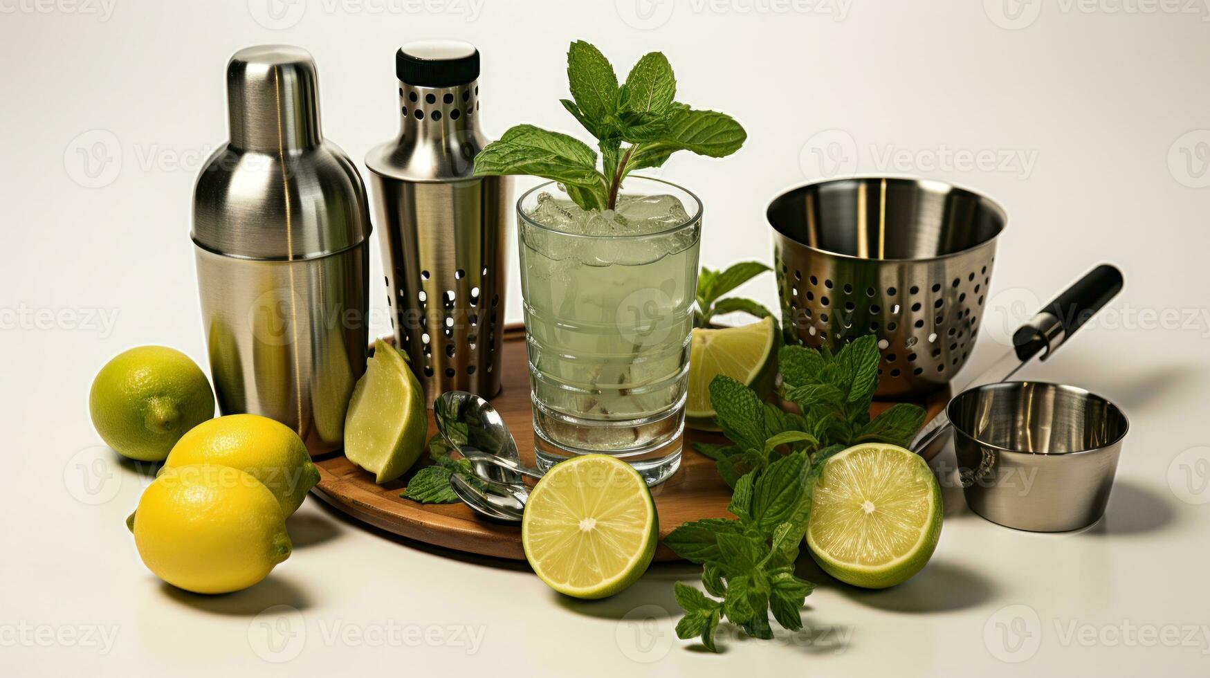 cocktail Mixeur, citron vert et menthe sur une blanc Contexte. photo