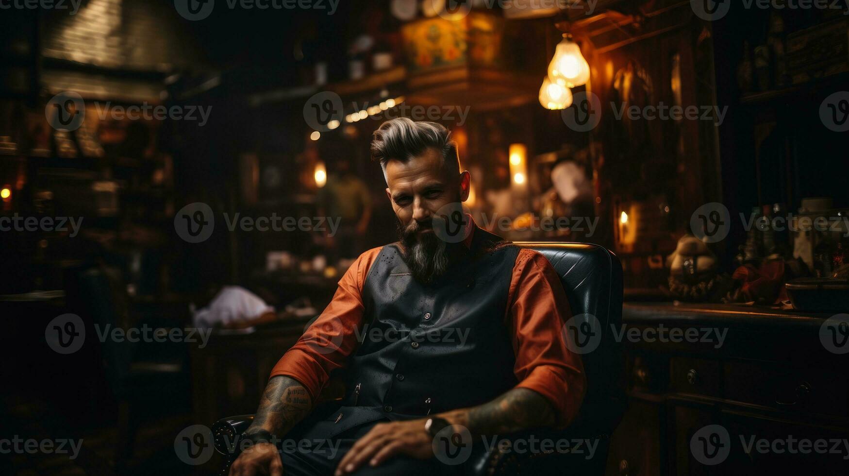 Beau barbu homme séance dans coiffeur magasin et fumeur cigare. photo