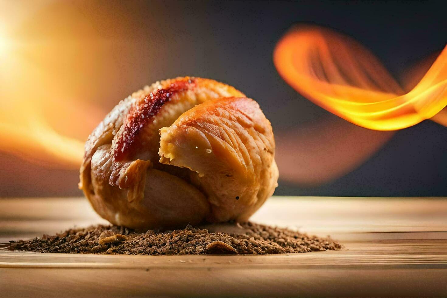 rôti poulet sur une en bois table avec Feu. généré par ai photo