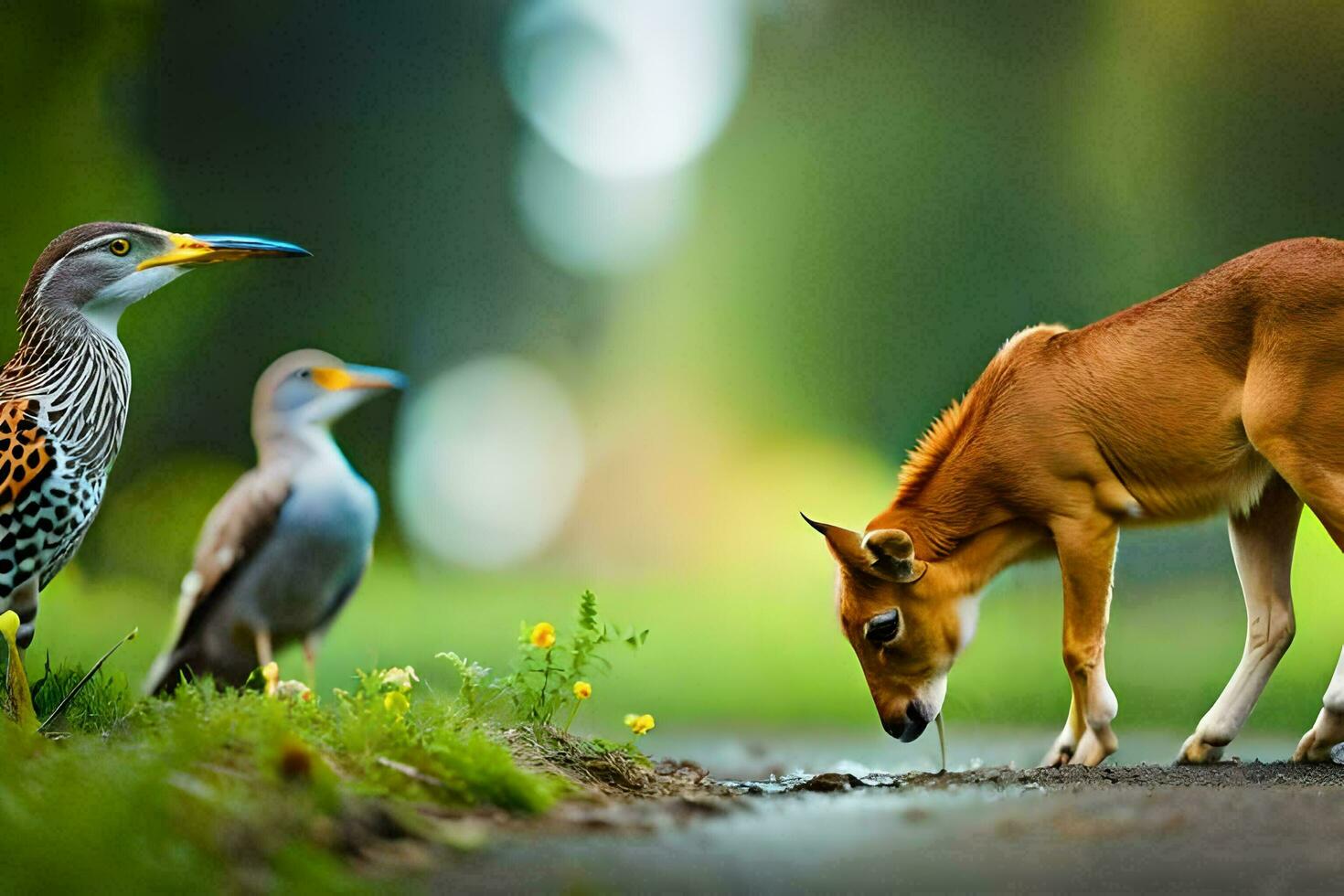 une cerf et oiseau permanent suivant à chaque autre. généré par ai photo