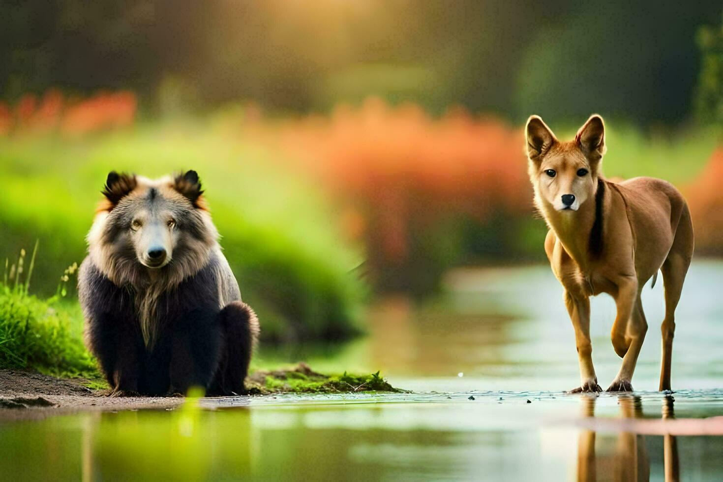 deux chiens permanent suivant à une rivière. généré par ai photo