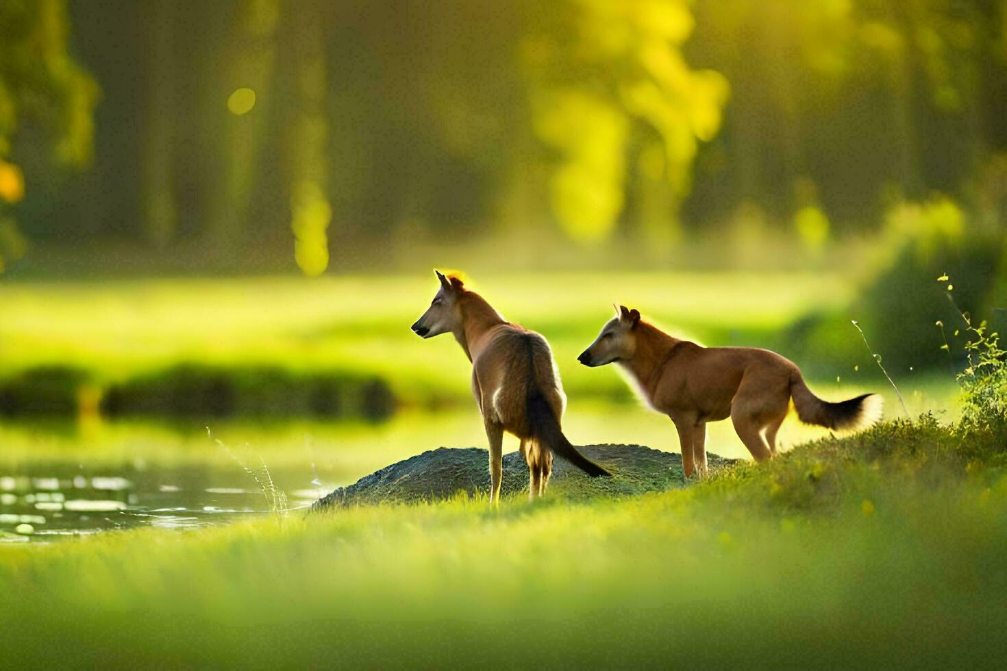 deux chiens permanent sur le herbe près une lac. généré par ai photo