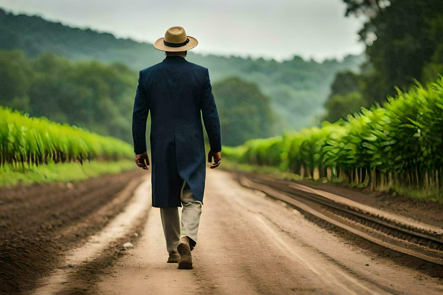 une homme dans une costume et chapeau en marchant vers le bas une saleté route. généré par ai photo