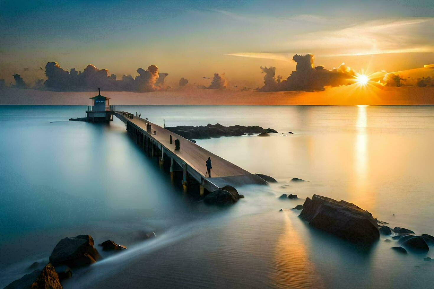 une longue exposition photographier de une jetée à le coucher du soleil. généré par ai photo