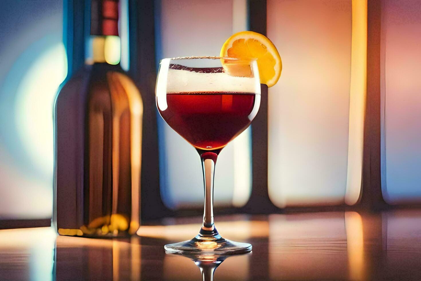 une verre de du vin avec une tranche de Orange sur le jante. généré par ai photo