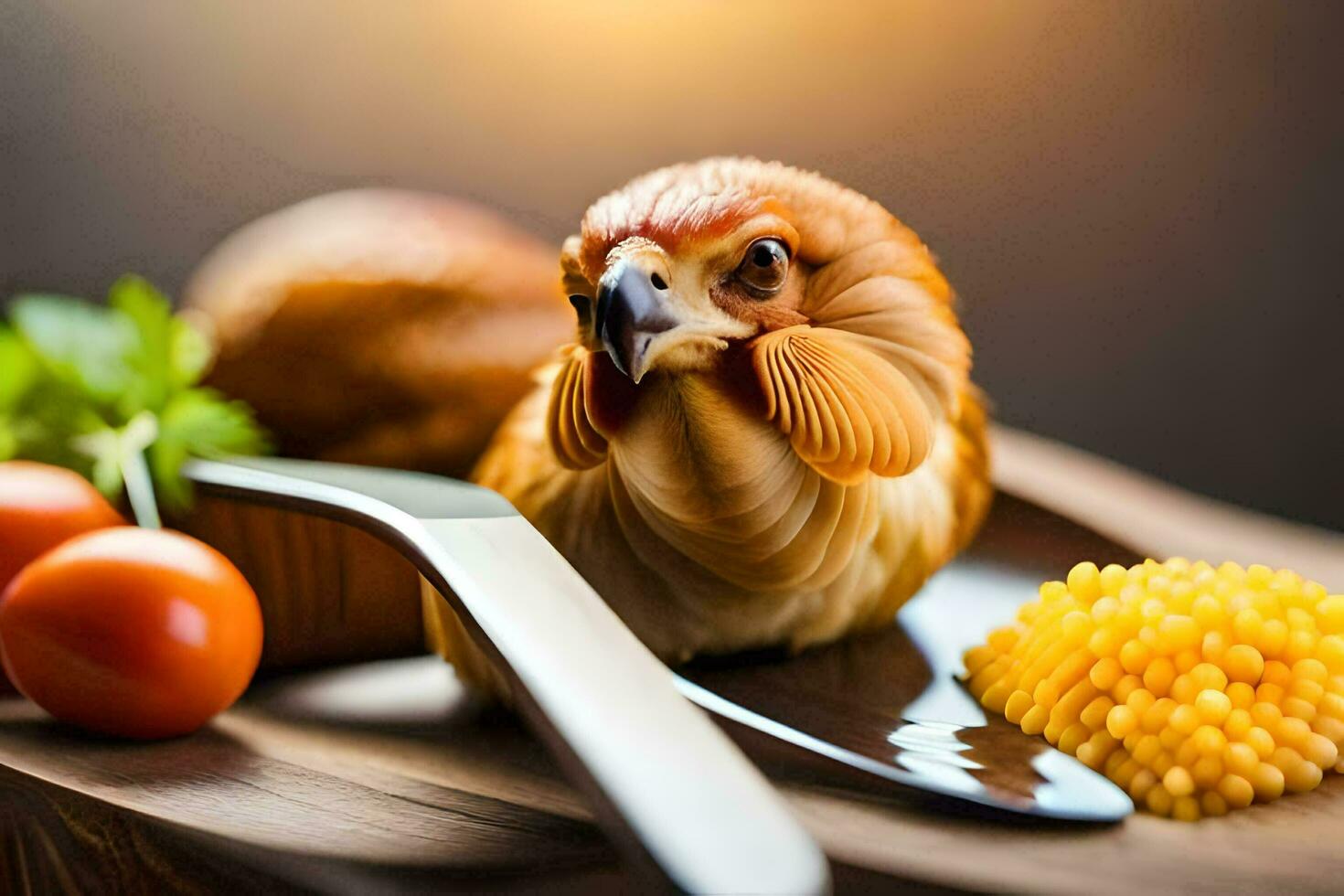 une poulet est séance sur une Coupe planche avec des légumes. généré par ai photo