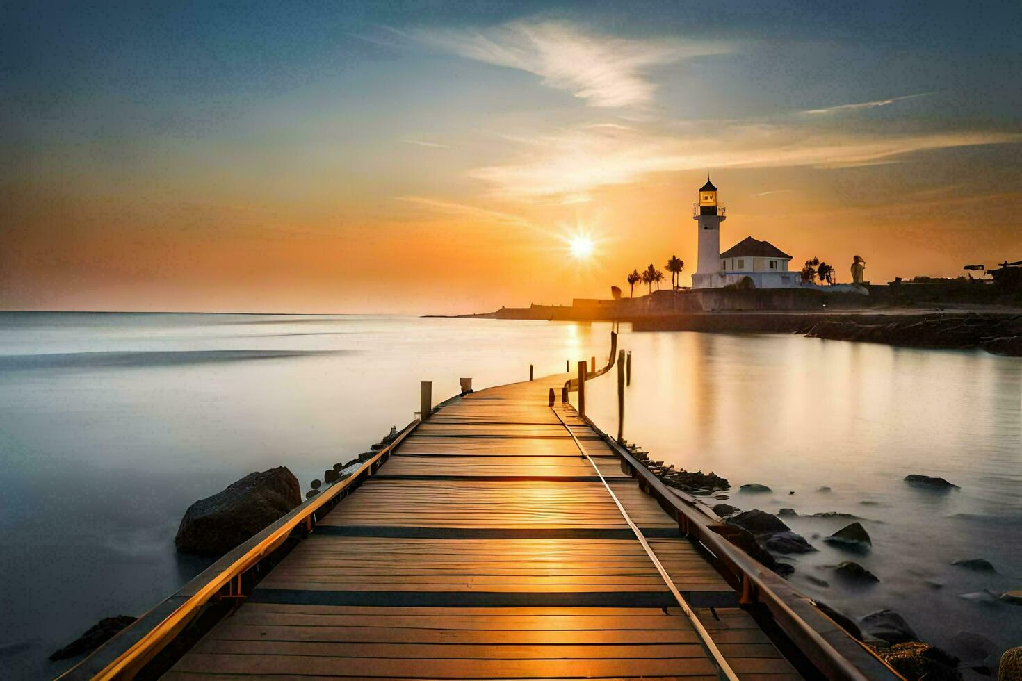 une en bois jetée pistes à une phare à le coucher du soleil. généré par ai photo