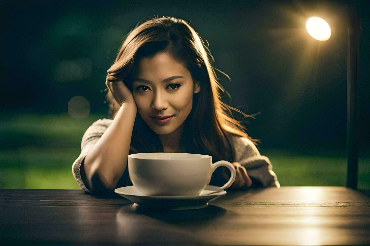 une femme est séance à une table avec une tasse de café. généré par ai photo