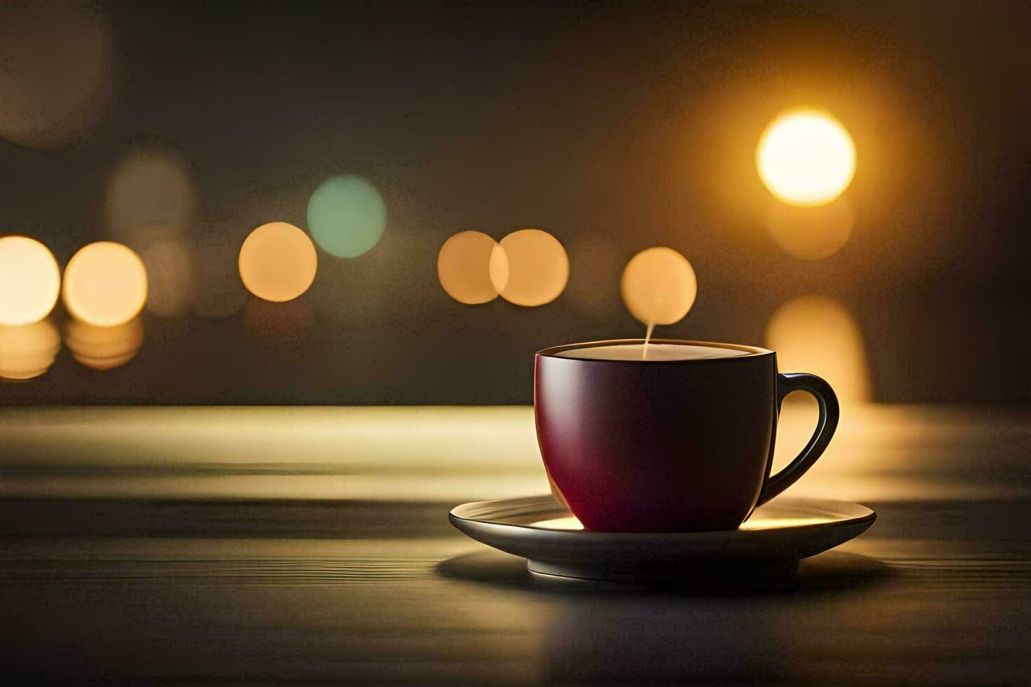 une tasse de café sur une table avec flou lumières. généré par ai photo