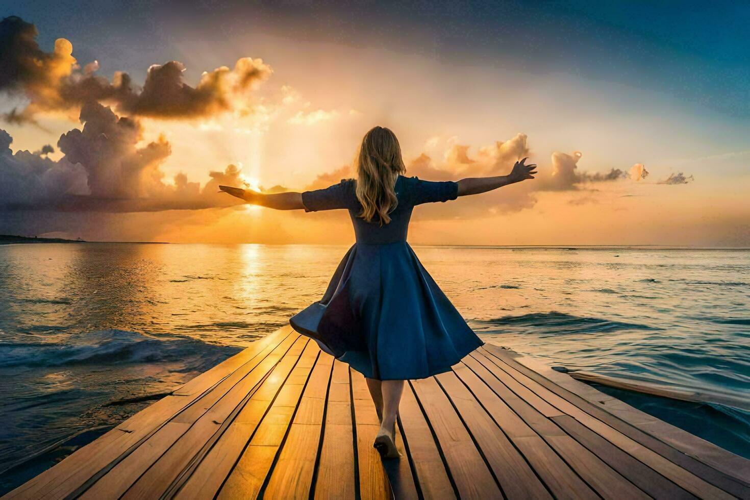 femme permanent sur une Dock à le coucher du soleil. généré par ai photo