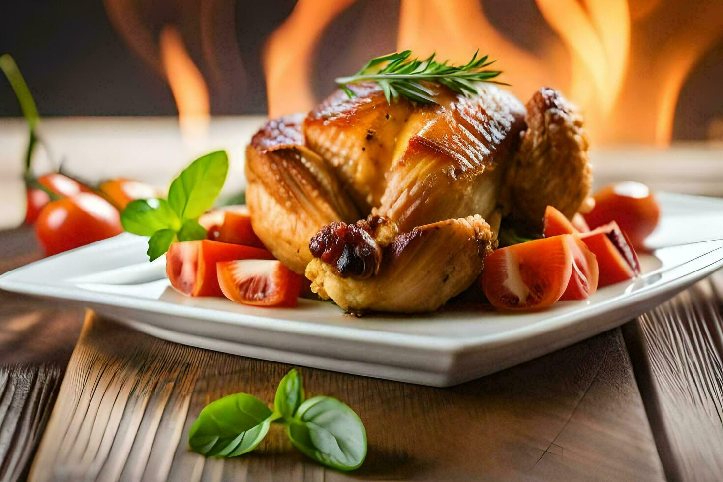 une rôti poulet sur une assiette avec tomates et herbes. généré par ai photo