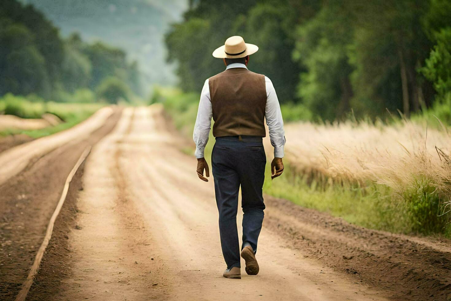 une homme dans une chapeau et gilet en marchant vers le bas une saleté route. généré par ai photo