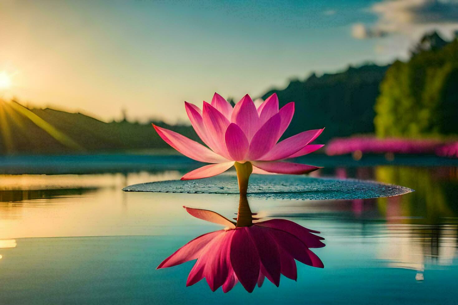 une rose lotus fleur est réfléchi dans le l'eau à le coucher du soleil. généré par ai photo